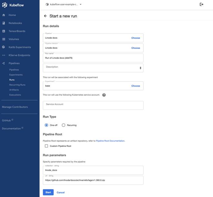 Screenshot of the “Start a new run” page within Kubeflow