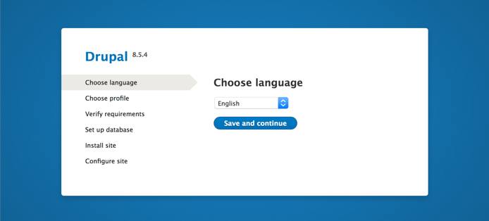 Drupal setup screen in the web browser - ‘Choose language’ page