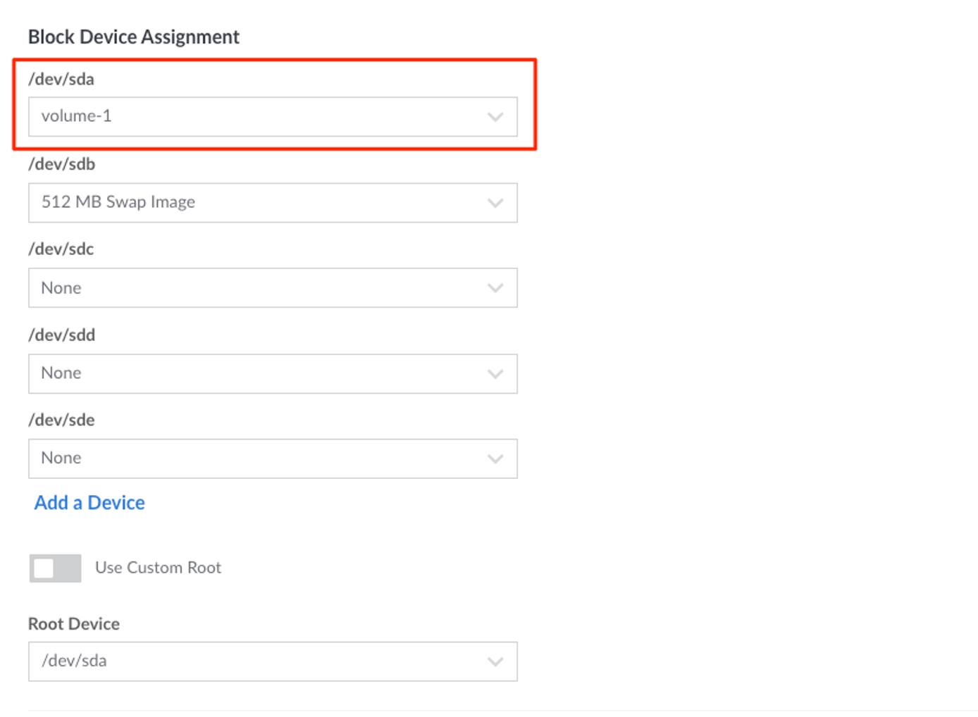 Configuration Management Block Device Assignment shows /dev/sda set to the Block Storage Volume /dev/sda set to Block Storage Volume